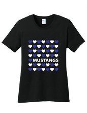 Load image into Gallery viewer, The Lonely Oak Monterey Road Elementary Mustangs Love heart shirt featuring a red heart graphic and school name for students and fans.