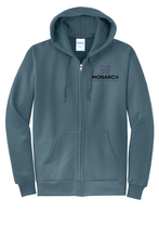 Load image into Gallery viewer, The Lonely Oak Monarch Fleece Full Zip Hoodie in gray with a front zipper, hood, and ribbed cuffs, shown on a hanger.