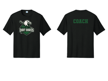 Load image into Gallery viewer, Dirt Birds Performance Tee by The Lonely Oak featuring athletic fit and Dirt Birds logo on a comfortable black shirt.