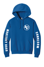 Load image into Gallery viewer, Royal blue hooded sweater for Monterey Road Elementary Mustangs, made by The Lonely Oak, with school logo on front.
