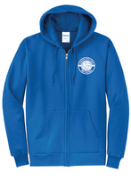 Load image into Gallery viewer, The Lonely Oak AMS Activities full zip hoodie in gray with front pockets and a drawstring hood, displayed on a hanger.
