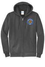 Load image into Gallery viewer, The Lonely Oak AMS Activities full zip hoodie in gray featuring a front zip, hood, and casual fit, displayed on a plain background.
