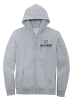 Load image into Gallery viewer, Gray Monarch fleece full-zip hoodie by The Lonely Oak with a front zipper, hoodie, and ribbed cuffs, displayed on a white background.
