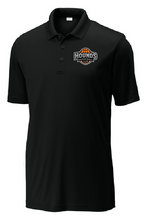 Load image into Gallery viewer, Black Hounds Basketball Club coach's polo shirt by The Lonely Oak, with logo and collar detail, displayed on a hanger.
