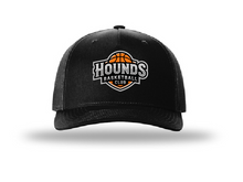 Load image into Gallery viewer, Black Hounds Basketball Club cap by The Lonely Oak with curved brim and embroidered logo, shown from front angle.
