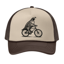 Load image into Gallery viewer, The Lonely Oak CHMS Quail Trucker Cap featuring a mesh back and embroidered quail logo on the front.
