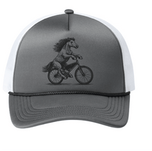 Load image into Gallery viewer, The Lonely Oak Monterey Road Mustang Trucker Cap with mesh back and adjustable strap, featuring a classic trucker style.
