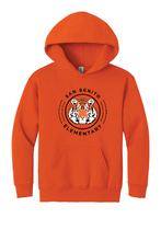 Load image into Gallery viewer, The Lonely Oak Bengals hooded sweater featuring a playful cartoon tiger mascot, in orange and black colors for San Benito Elementary.
