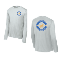 Load image into Gallery viewer, Youth grey AMS Activities Long Sleeve Performance Tee by The Lonely Oak, showing the comfortable, athletic fit and subtle branding.
