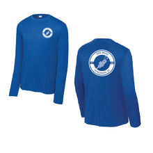 Load image into Gallery viewer, Youth royal blue AMS Activities long sleeve performance tee by The Lonely Oak, featuring a comfortable fit and logo design.
