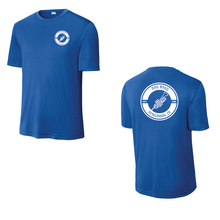 Load image into Gallery viewer, Youth AMS Activities Performance Tee by The Lonely Oak in royal blue, shown on a hanger with a close-up of the fabric.
