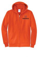 Load image into Gallery viewer, The Lonely Oak Monarch Fleece Full Zip Hoodie in navy with front pockets and a drawstring hood, soft fleece material.
