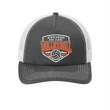 Load image into Gallery viewer, AHS Volleyball snap back trucker hat by The Lonely Oak with Atascadero Volleyball logo, featuring a structured cap and mesh back.
