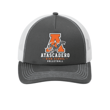 Load image into Gallery viewer, A black trucker hat with "Atascadero Volleyball" embroidered on the front, featuring a mesh back and adjustable snap closure by The Lonely Oak.

