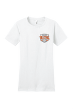Load image into Gallery viewer, A woman wearing a white cotton volleyball tee with "Atascadero Volleyball" and The Lonely Oak logo, casual athletic style.
