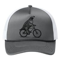 Load image into Gallery viewer, The Lonely Oak CHMS Quail Trucker Cap featuring a mesh back and embroidered quail design on the front panel.
