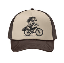Load image into Gallery viewer, The Lonely Oak Monterey Road Mustang Trucker Cap with mesh back and curved brim, featuring a vintage-style Mustang emblem.
