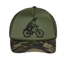 Load image into Gallery viewer, The Lonely Oak CHMS Quail Trucker Cap with mesh back and embroidered quail logo on front, outdoor casual style.
