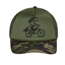 Load image into Gallery viewer, The Lonely Oak Monterey Road Mustang Trucker Cap featuring a curved brim and mesh back in a casual style.
