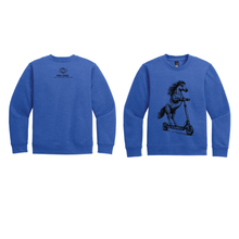 Load image into Gallery viewer, The Lonely Oak Monterey Road Mustang Scooter crewneck sweater with a graphic design on a cozy, navy blue sweatshirt.
